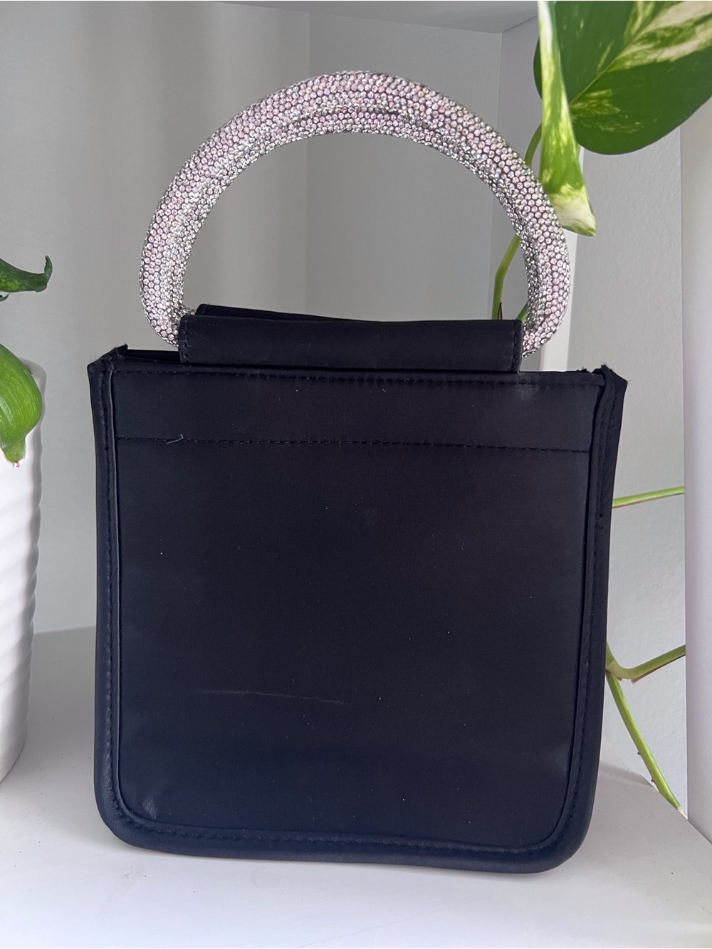 Black Handheld Bag with Sparkle Top Handle